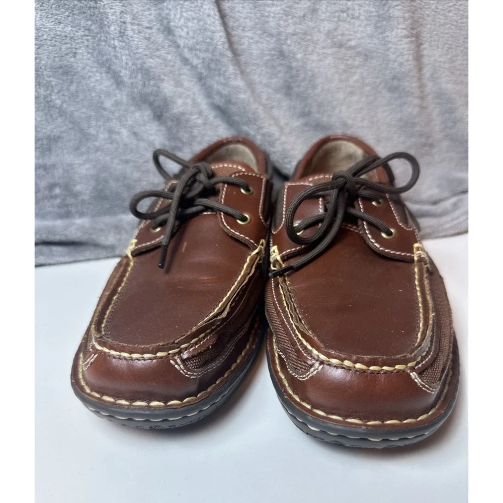 Jos. A. Bank Mens Brown Leather Boat Loafer Shoes Lace Up Rubber Sole SlipOn 9.5